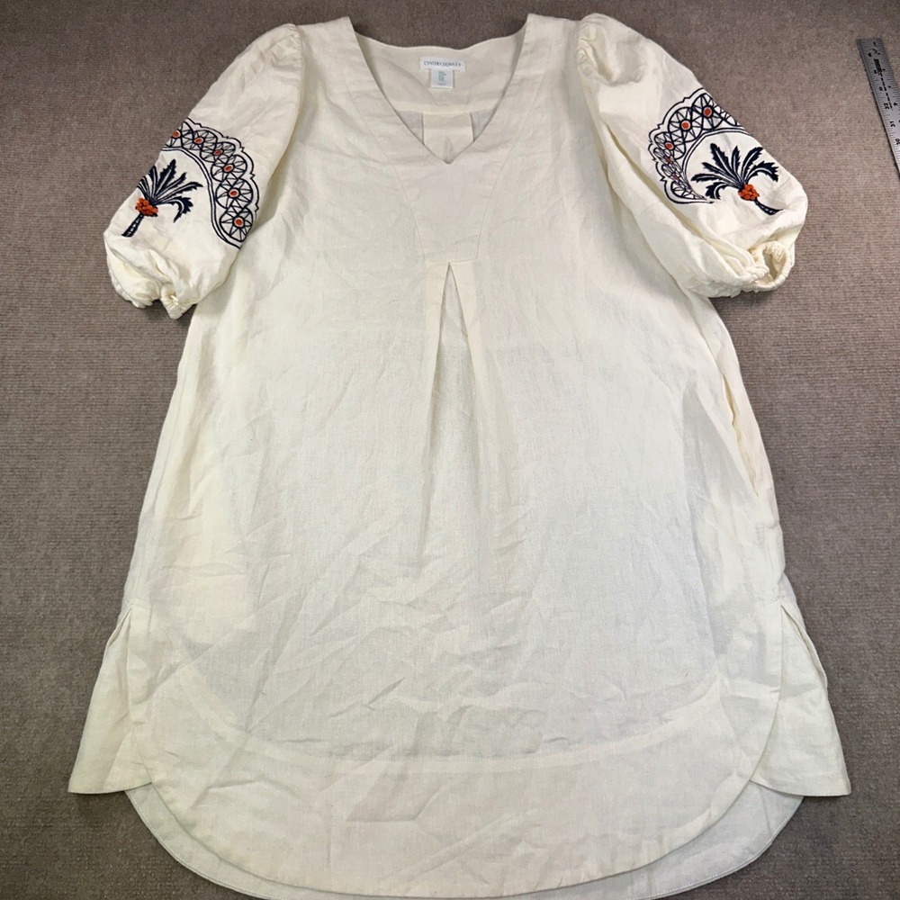 Cynthia Rowley Ivory Linen Blend Embroidered Palm Tree Puff Sleeve Tunic Top M